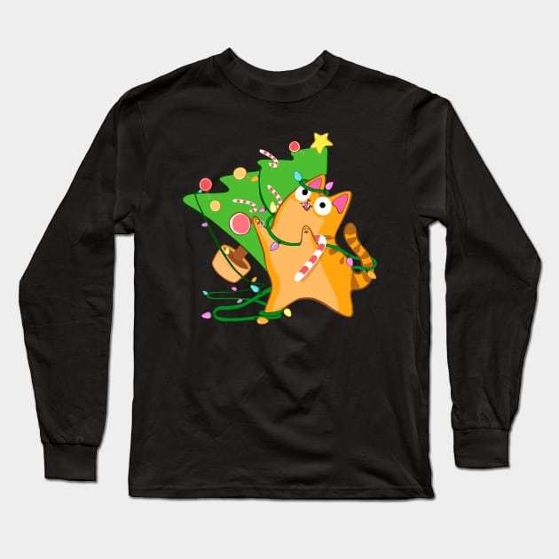 Zoomies Christmas Cat Orange Tabby Knocking Over Tree Funny Long Sleeve T-Shirt by BluVelvet